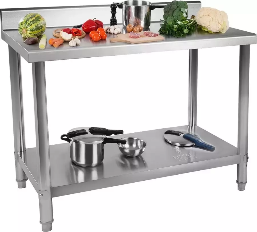Royal Catering Roestvrij stalen werktafel 150 x 60 cm verhoogde kant 130 kg capaciteit