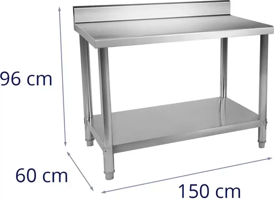 Royal Catering Roestvrij stalen werktafel Totale draagvermogen 159 kg 150 x 60 cm opstaande rand