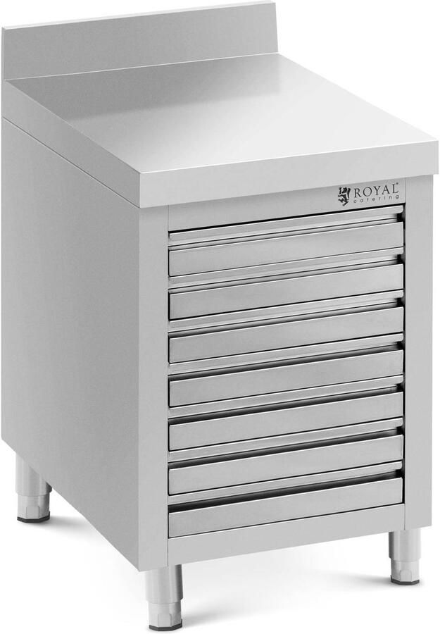 Royal Catering RVS keukenkast met lades 50 x 70 cm 185 kg 7 lades voor pizzadeeg met achteropstand