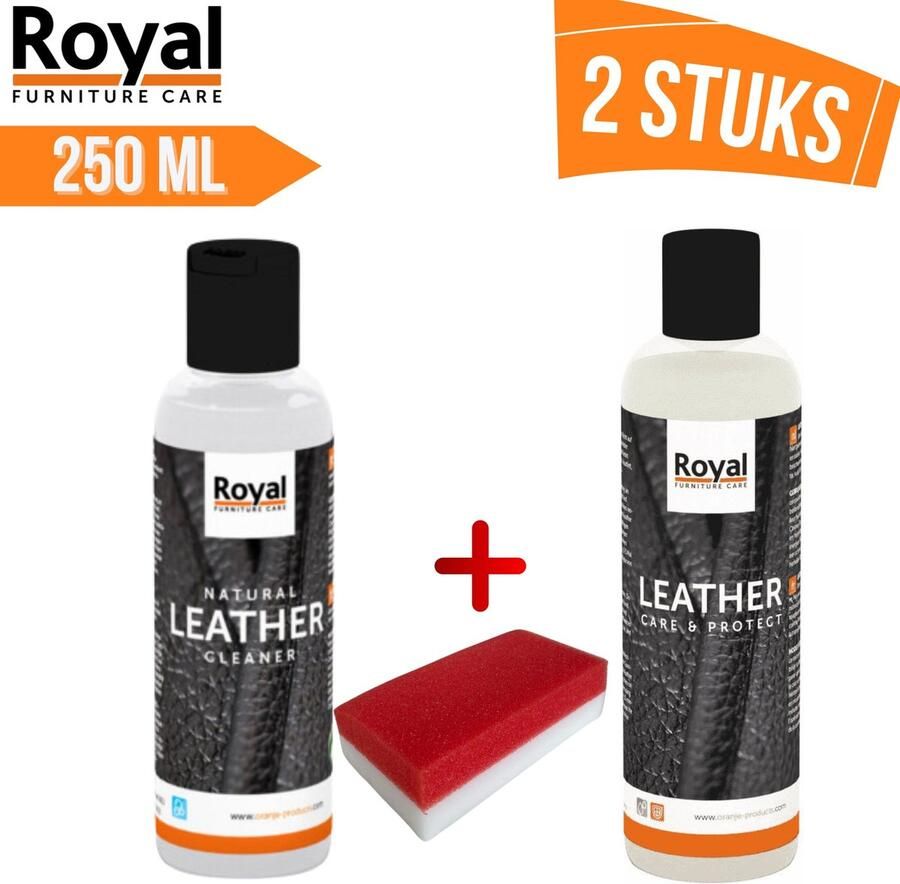 Royal furniture care Oranje Furniture Care Onderhoud leer Leather Care & Protection Set 2x250 ml leer onderhoud+Gratis Spons