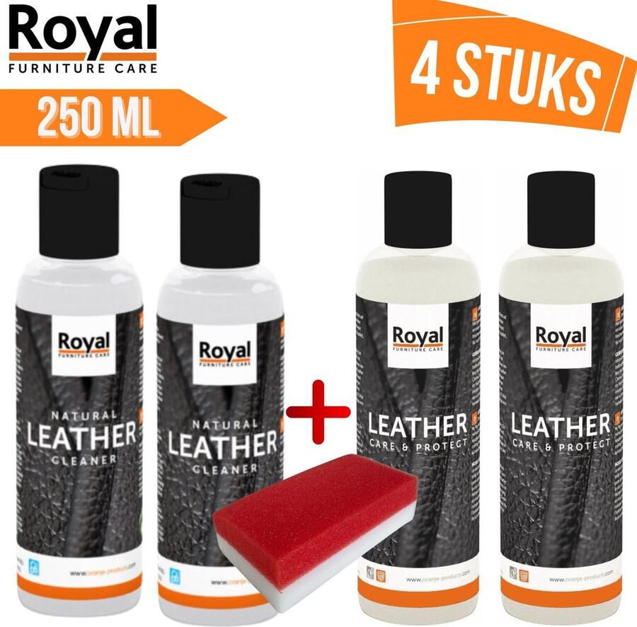 Royal furniture care Oranje Furniture Care Onderhoud leer Leather Care & Protection Set 4x250 ml leer onderhoud+Gratis Spons