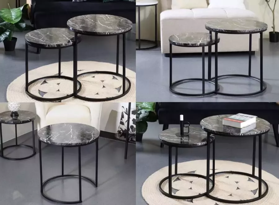 Royal Home Industriële Salontafelset Marmer Look Zwart Set van 2 Ø 40 x hoog 50 cm Ø 30 x 40 cm Zwart Ronde Bijzettafel Industrieel Salontafels Tafel Rond Salon Woonkamer Zwarte Accessoires Vintage Eetkamer