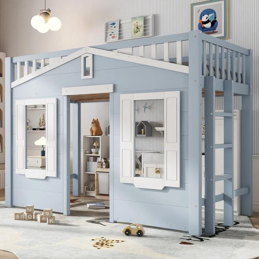 Royal Home Hutbed Hoogslaper Kinderbed 90x200cm Grenen MDF Flexibele Trap Links Rechts Speelhuis Onderbouw met Ramen Blauw