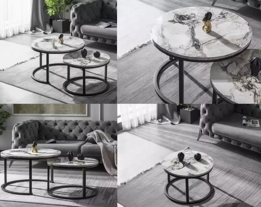 Royal Home Salontafel Set van 2 Marmer Look Ø 60 Ø 50 cm Zwart Bijzettafel Tafel Rond Woonkamer Tafel Decoratie Tafel Salon Tafel Wandtafel Koffietafel Wit Metalen Frame Wit MDF