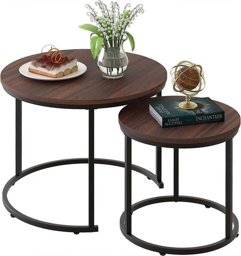 Royalty line Salontafel Set Bijzettafel Set van 2 Ø 60 & 40 cm Salontafel Rond Van Walnoothout en Metalen Frame Zwart Bruin