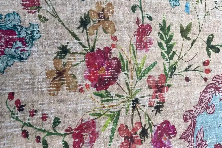 Rozenkelim Binnen vloerkleed van roze met groen en blauw 180cmx120cm met zachte pool. Sterk en kleurvast