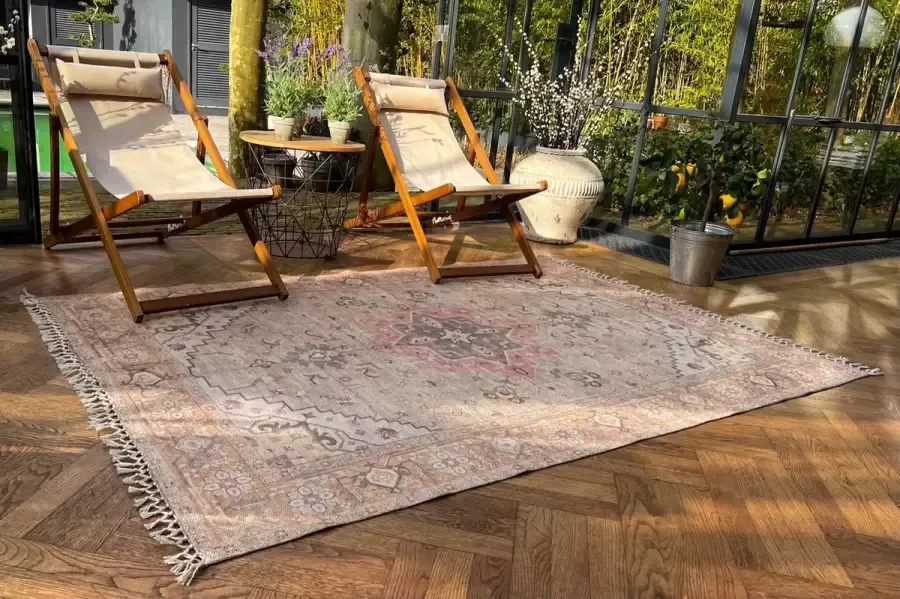 Rozenkelim Buiten-binnen kleed van Pet flessen vintage patroon tuinkleed taupe 180 x 120