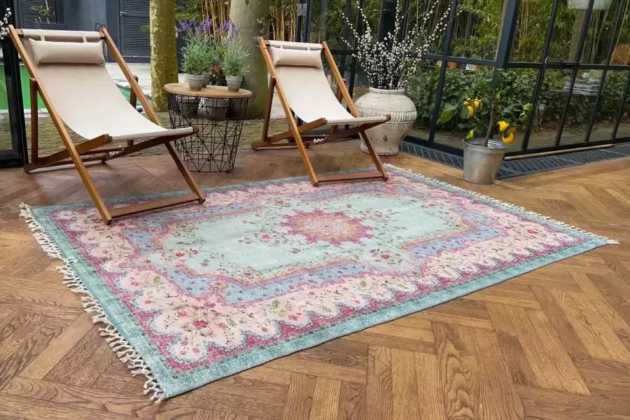 Rozenkelim Buiten-binnen kleed vintage patroon roze groen en blauw 180 x 120