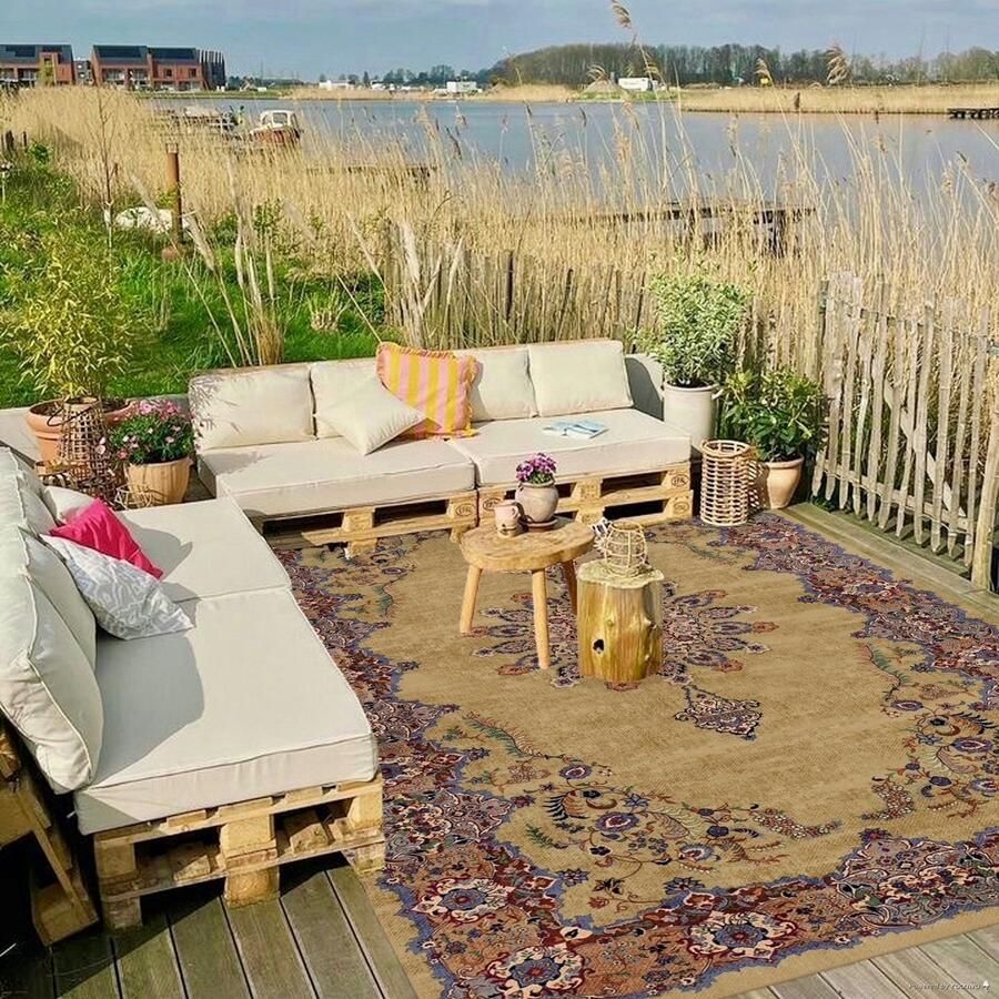 Rozenkelim Buiten-binnen kleed buitentapijt vintage patroon geel & blauw 300cm x 200cm