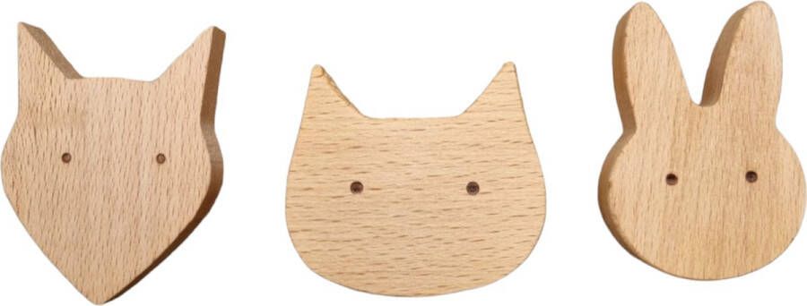 RubyC Wandhaken 3 stuks Dieren Wandhaak Dier Vos Poes Konijn houten ophanghaak