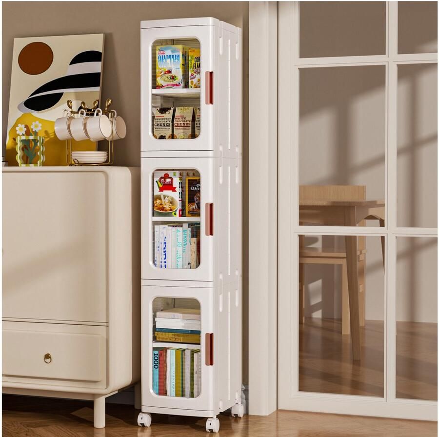 Ruecious Nauwe Badkamer Opbergkast 24 4 cm (9 6) Stapelbare Smalle Badkamervloer Organizer Kunststof Waterdichte Mobiele Kast met Wieltjes voor Kleine Keuken Wasruimte Woonkamer Opvouwbare Kunststof Opbergbox met Wieltjes 3-delige Set 6 Niveaus