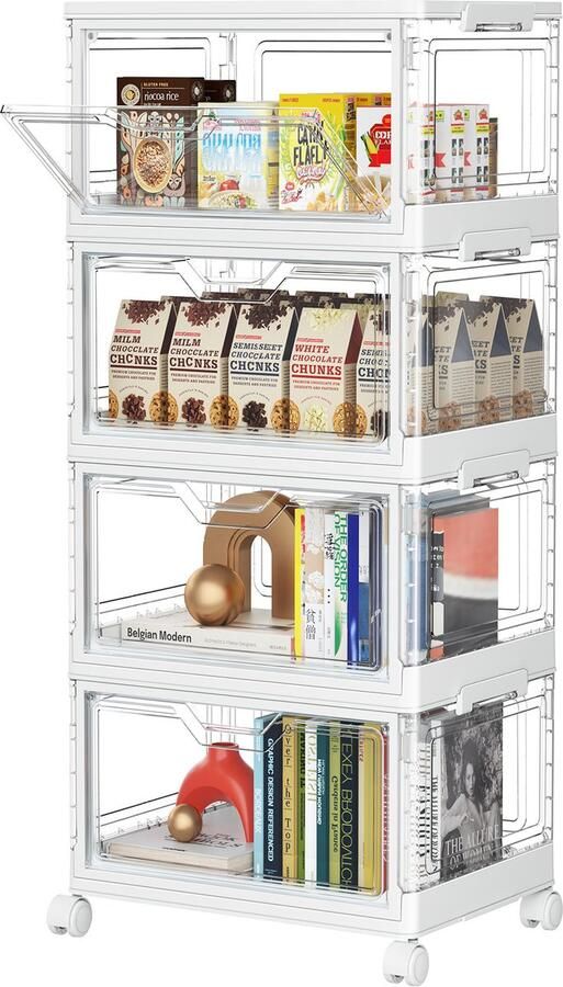 Ruesious 4-laags opbergdoos wit acryl transparant magnetische klep verplaatsbaar met wielen slaapkamer woonkamer