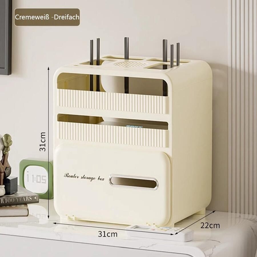 Ruesious Desktop WiFi Router Opbergbox met Schuifdeur en Multi-Layer Kabelmanagement Stofdichte Organiser voor Thuiskantoor Gemoduleerd Netsnoer Twee Lagen