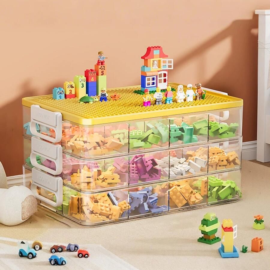 Ruesious Drie-laags scheidingswand transparante opbergdoos voor bouwstenen speelgoedopbergdoos met bouwdeksel kleine speelgoedonderdelen classificatie-opbergdoos