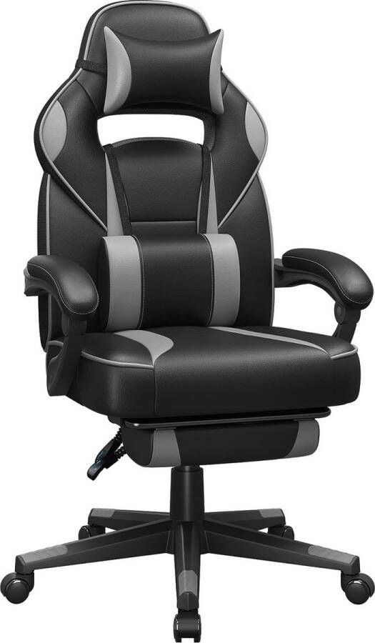 Rugzak Bekkey Gaming chair bureaustoel met voetsteun bureaustoel met hoofdsteun en lendenkussen in hoogte verstelbaar ergonomisch 90-135° kantelhoek tot 150 kg draagvermogen zwart en grijs