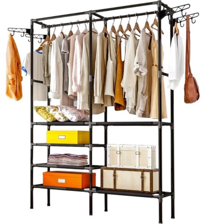 Ruhhy XXL Kledingkast met 6 Planken 8 Zijhangers en Ophangstang Kledingrek Zwart 173x36x108 cm Kledinghangers Kledingkast Praktisch Ruimtebesparend en Mobiel