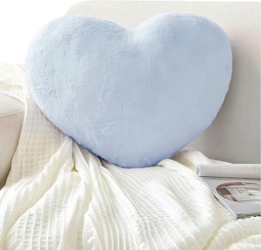 S&E Zachte Hartvormige Kussen Pluche Konijnenbont Decoratief Kussen voor Bank Bed of Slaapkamer Perfect Valentijnscadeau voor Meisjes en Vrouwen 33 x 25 cm Lichtblauw