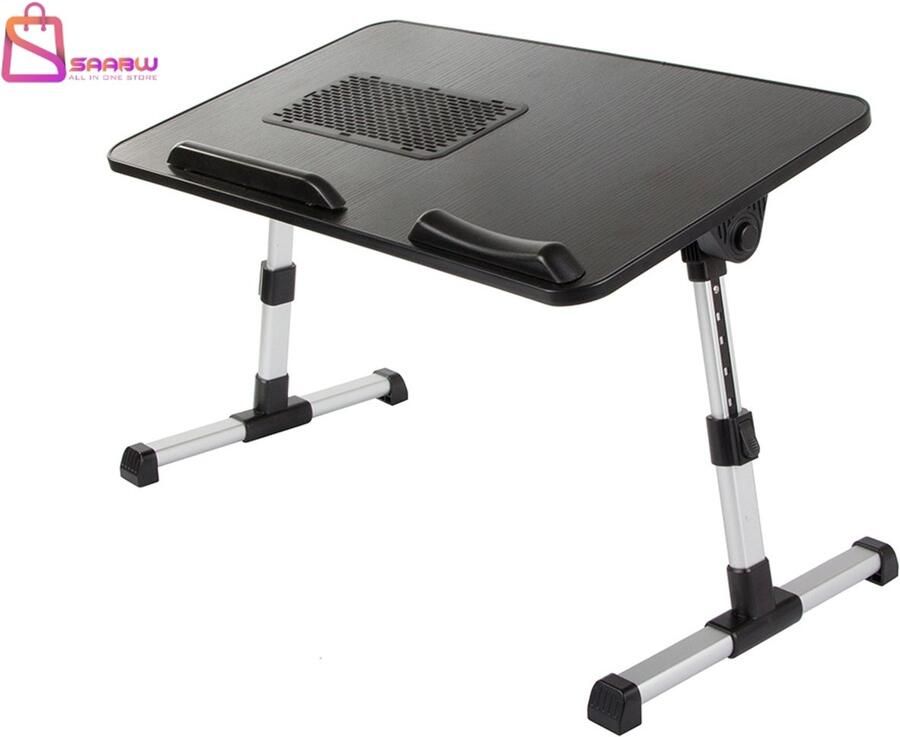 SAABW Opvouwbare Laptoptafel met Koelventilator – Verstelbare Hoogte en Hoek – Inclusief Polssteun – USB-Aangedreven Koelventilator –bedtafel – laptop tafel 53x30 cm – Zilver Zwart 45580