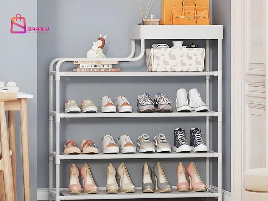SAABW Schoenenrek 5 Lagen Wit – Metalen Schoenenkast Organizer met Stoffen Planken – schoenenkast – schoenenrek metaal – schoenen rek – 73019