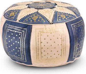 Safaary Marokkaanse Poef Leer Naturel met Blauw-Goud Rond 50x50 CM