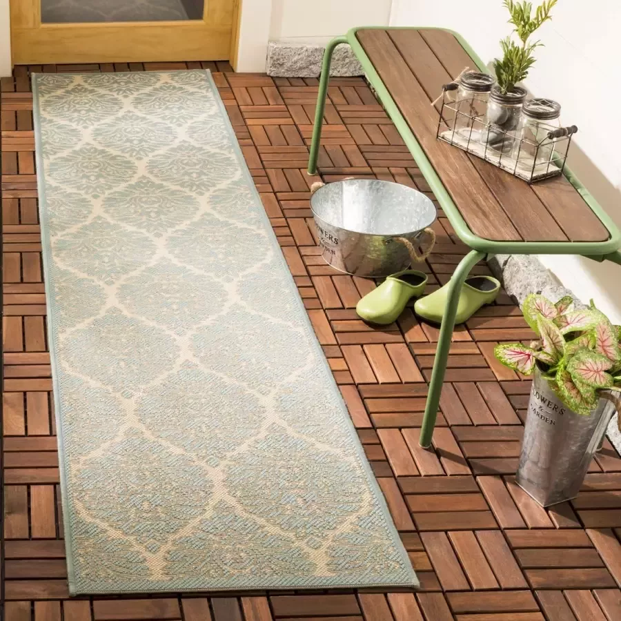 Safavieh Damask Indoor Outdoor Woven Area Rug Beachhouse Collectie BHS135 in Aqua & Cream 61 X 244 cm