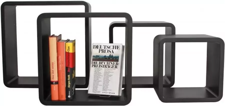Safe Elegante kubusplanken zwart set van 4 wandrekken met verschillende afmetingen