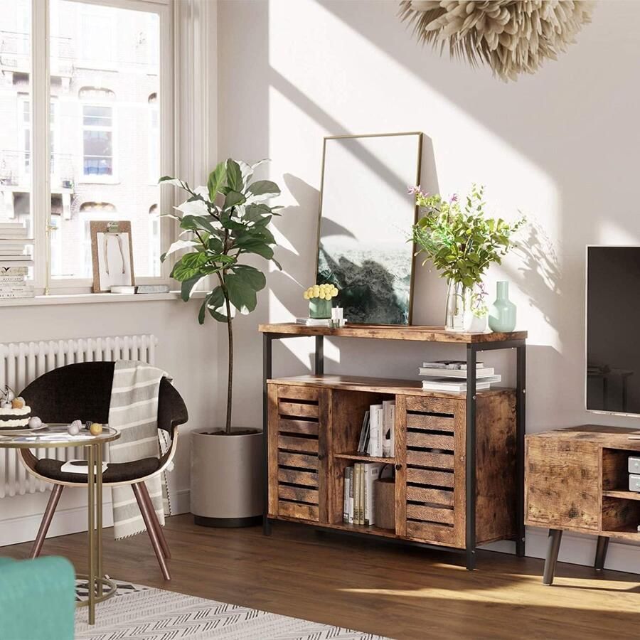 Salery Home dressoir zijkast keukenkast met open rekken halkast ladekast met lamellendeuren woonkamer eetkamer kantoor hal industrieel ontwerp vintage donkerbruin LSC79BX