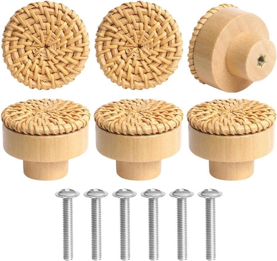 Sander Shop Houten Deurklinken 6 Stuks Rotan Meubelknoppen Boho Decoratieve Kasten Houten Dressoir Knoppen Ladeknoppen Vintage Ladekastgrepen voor Keukenkasten Deurknop Kastgrepen 4 cm