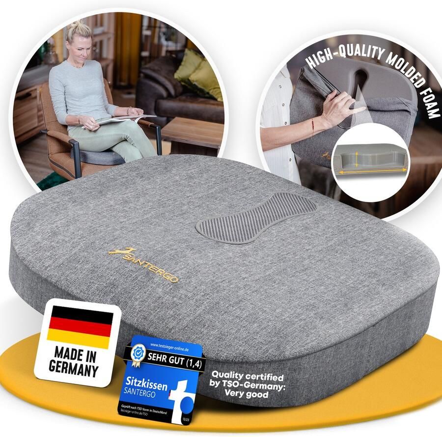 Santergo Orthopedisch zitkussen vormvast en comfortabel zitkussen voor bureaustoel en auto zitkussen stoel zitkussen bureaustoel stuitbeenkussen zitkussen (grijs medium voor personen van 65 t m 90 kg)