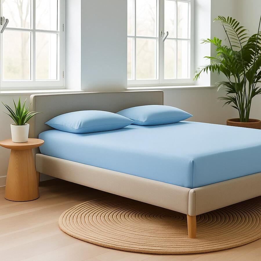 Saphira Luxe Hoeslaken Baby Blauw – 100% Geweven Katoen – 360° Stretch – Perfecte Pasvorm – Ademend & Zacht – 200x200 220cm+40 – Voor Boxspring Matras – Voor Waterbedmatras - Foto 2