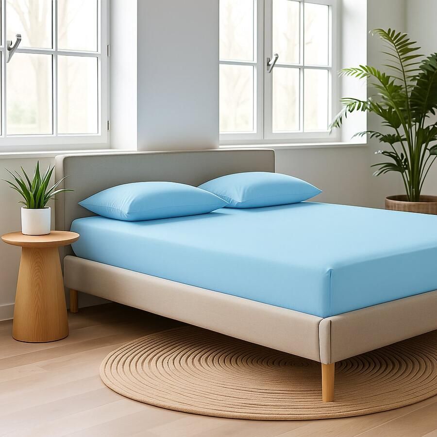 Saphira Luxe Hoeslaken Blauw – 100% Geweven Katoen – 360° Stretch – Perfecte Pasvorm – Ademend & Zacht – 200x200 220cm+40 – Voor Boxspring Matras – Voor Waterbedmatras