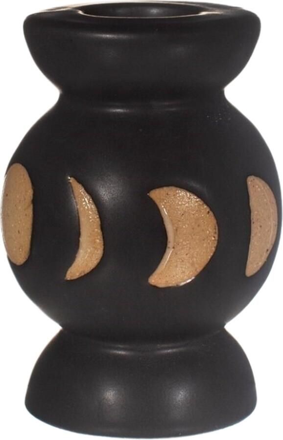 Sass & Belle kandelaar Moon Phases zwart 8 cm kaarsenhouder voor dinerkaarsen keramieken kandelaren voor op tafel