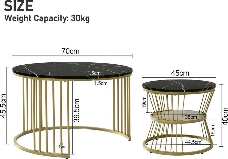 Sattire 2 in 1 ronde salontafel Bijzettafel met Marmeren Tafelblad Gouden ijzeren poten Diameter 70 cm en 45 cm Zwart