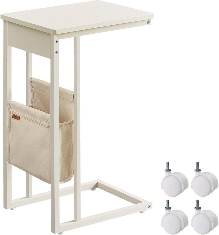 Sattire Bijzettafel in Ivoor 30x40x62cm met Opbergtas en Wieltjes – Bijzettafel voor Buiten en Woonkamer