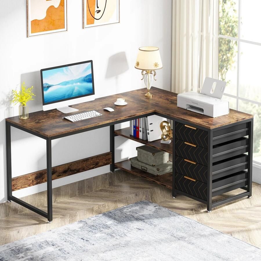 Sattire Hoekbureau L-Vormig Met Opbergladen – Hoek Bureau – Game Bureau – Gaming Bureau – 59 inch omkeerbaar bureau met planken voor studie