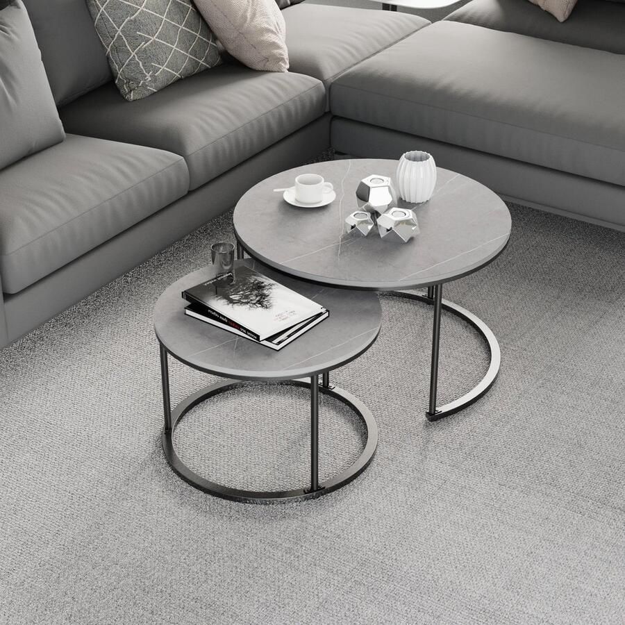 Sattire Ronde Salontafel Set van 2 – Echt Marmer & Metalen Poten – Grijs Waterdicht Design