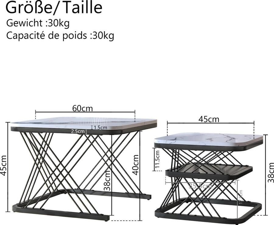 Sattire Salontafel 2 in 1 set Vierkante Hoogglans Marmer Optische salontafels Gouden poten 60x60x45cm en 45x45x38cm Woonkamer tafel Wit+Goud