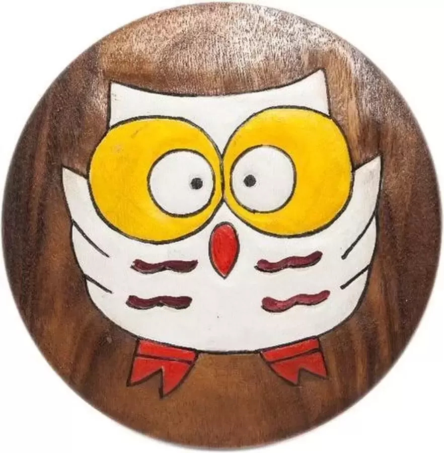 Sawahasa Krukje Acacciahout Naturel met print Uil 27cm Thailand Fairtrade