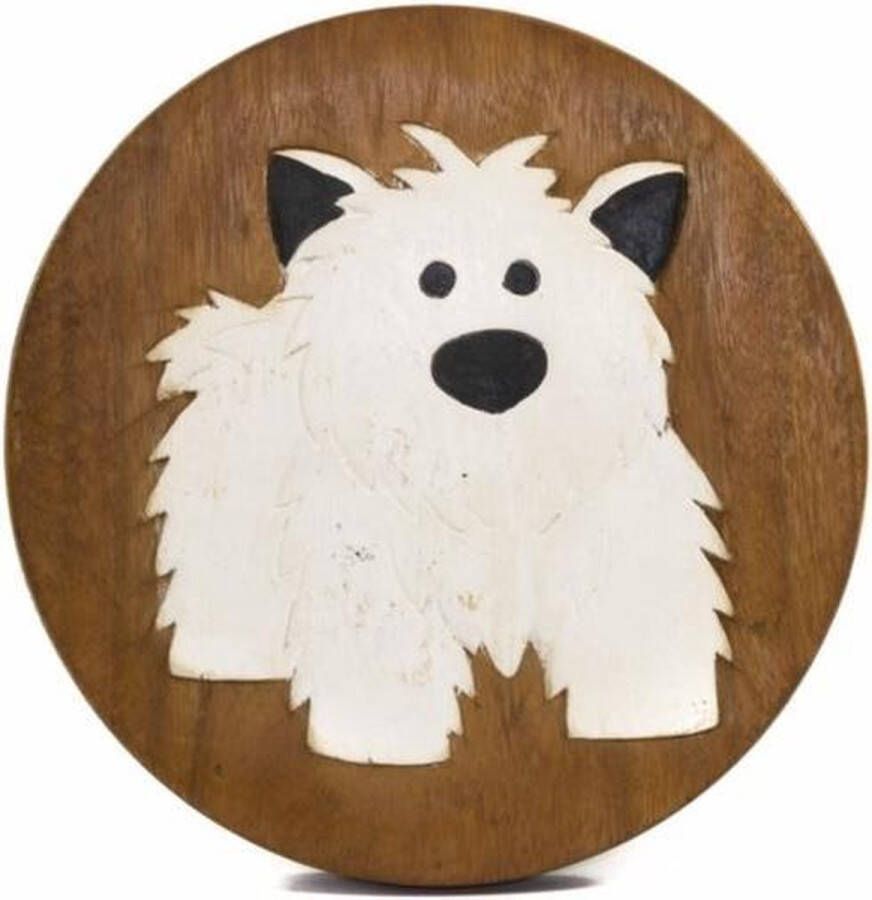 Sawahasa Krukje Acacciahout Naturel met print Witte Hond 27cm Thailand Fairtrade