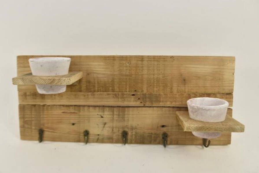 SB Interieur Houten wandbord kapstok met 2 potjes H20 L50cm