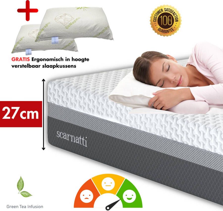 SCARNATTI Comfort Matrassen 27cm extra dik 140 x 200 cm Bamboe Matras Koudschuim Traagschuim 2in1 CoolGel 7 zone Groene Thee Nasa met kussen