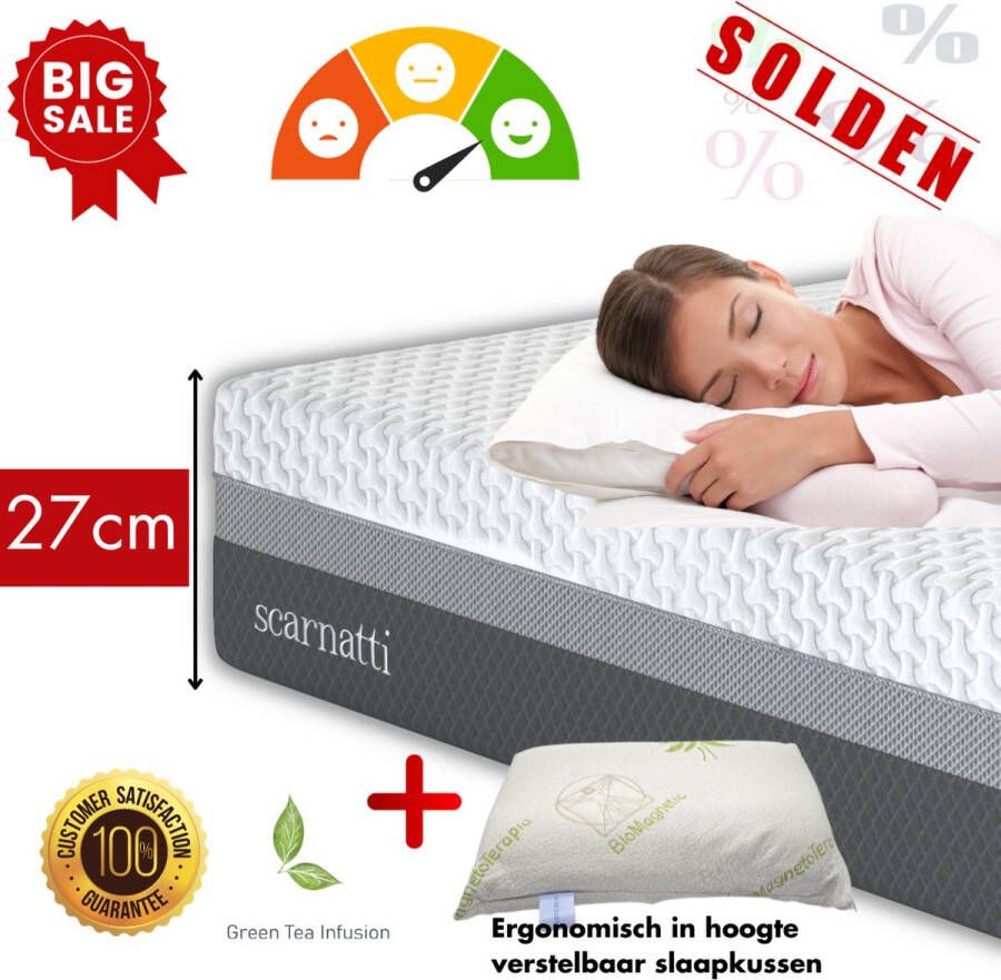 SCARNATTI Comfort Matrassen 27cm extra dik 140 x 200 cm Bamboe Matras Koudschuim Traagschuim 2in1 CoolGel 7 zone Groene Thee Nasa met kussen