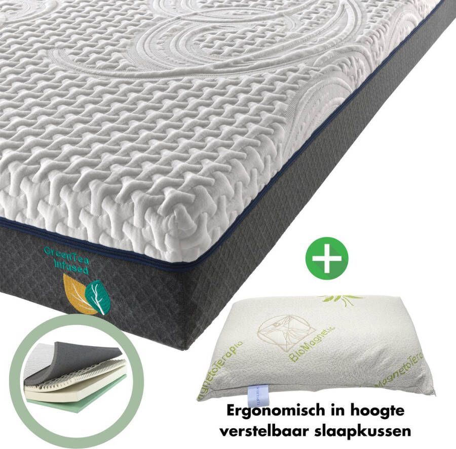 SCARNATTI Comfort Matrassen 27cm extra dik 90 x 200 cm Bamboe Matras Koudschuim Traagschuim 2in1 CoolGel 7 zone Groene Thee Nasa met kussen