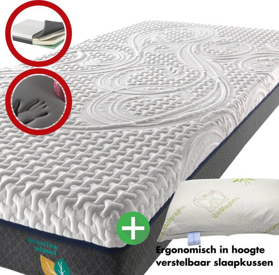 SCARNATTI Comfort Matrassen 90 x 200 cm 18 cm Matras Bamboe 2in1 Koudschuim Traagschuim CoolGel 7 zone ergonomie Groene Thee Nasa 2in1 + Kussens