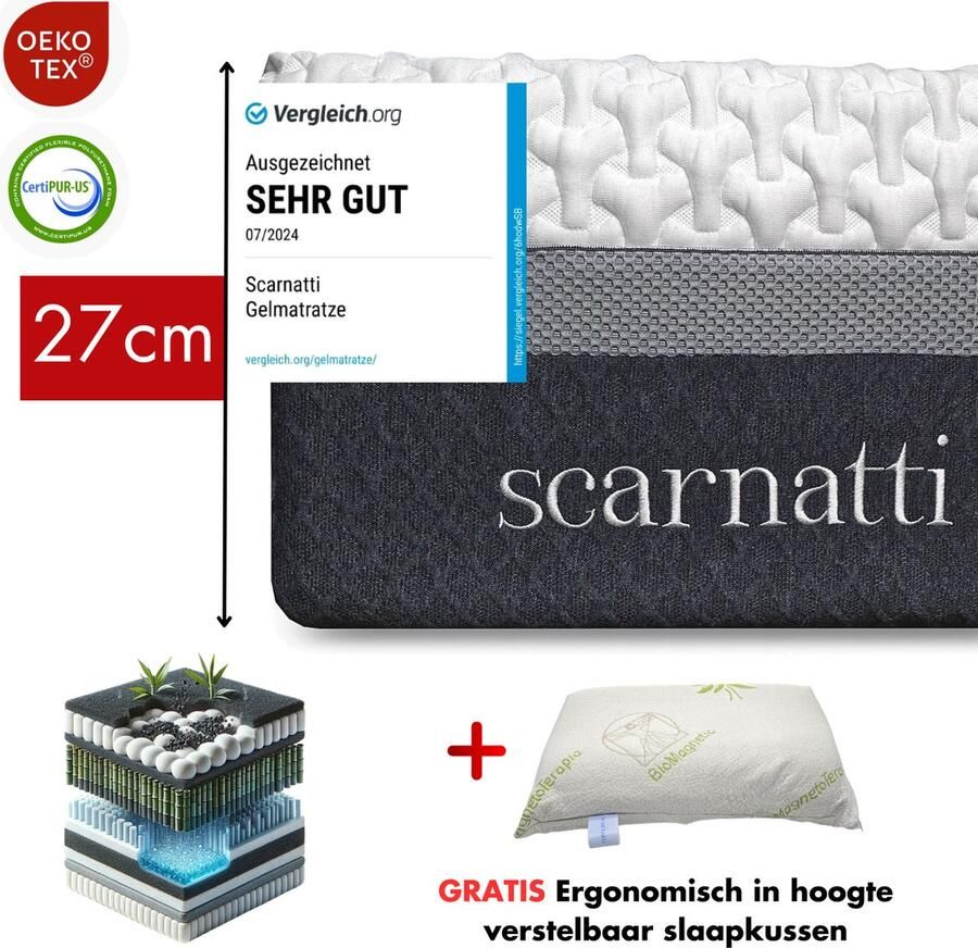 SCARNATTI Comfort Matras 90x200 cm 27cm extra dik 90 x 200 cm Bamboe Matrassen Koudschuim Traagschuim 2in1 CoolGel 7 zone Groene Thee logeermatrassen