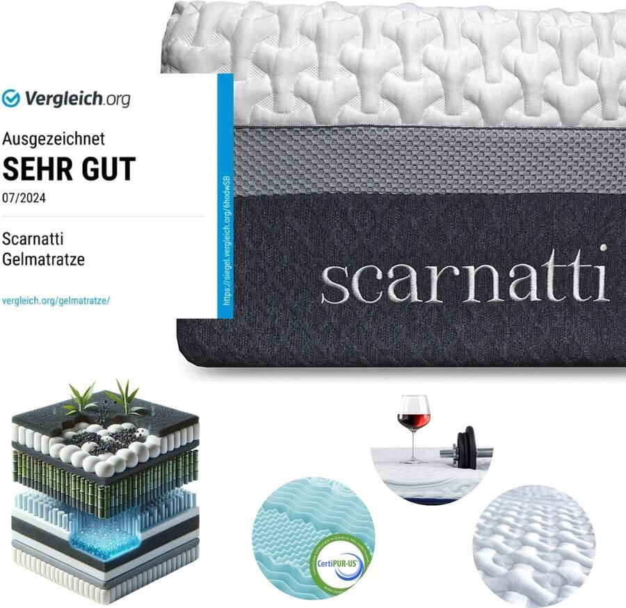 SCARNATTI Cool Gel Memory Foam Matras 27 cm 160 x 200 cm 7-zones visco-elastisch en koudschuimmatras verrijkt met groene thee en bamboe houtskool Zero-Partner-Disturbance - Foto 6