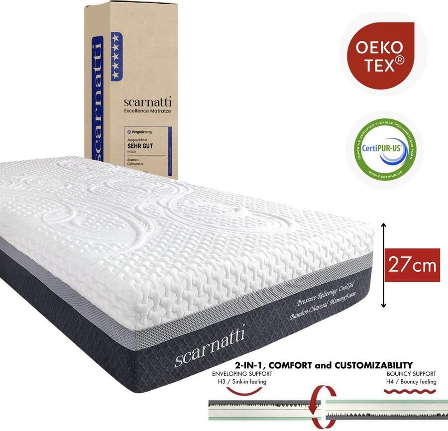SCARNATTI Matras 90 x 200 cm Extra Comfort 27 cm hoog 2in1 Koudschuim Traagschuim Extra Comfort eenpersoonsmatras Bamboe tijk logeermatrassen Matrassen 90 x 200 cm - Foto 2