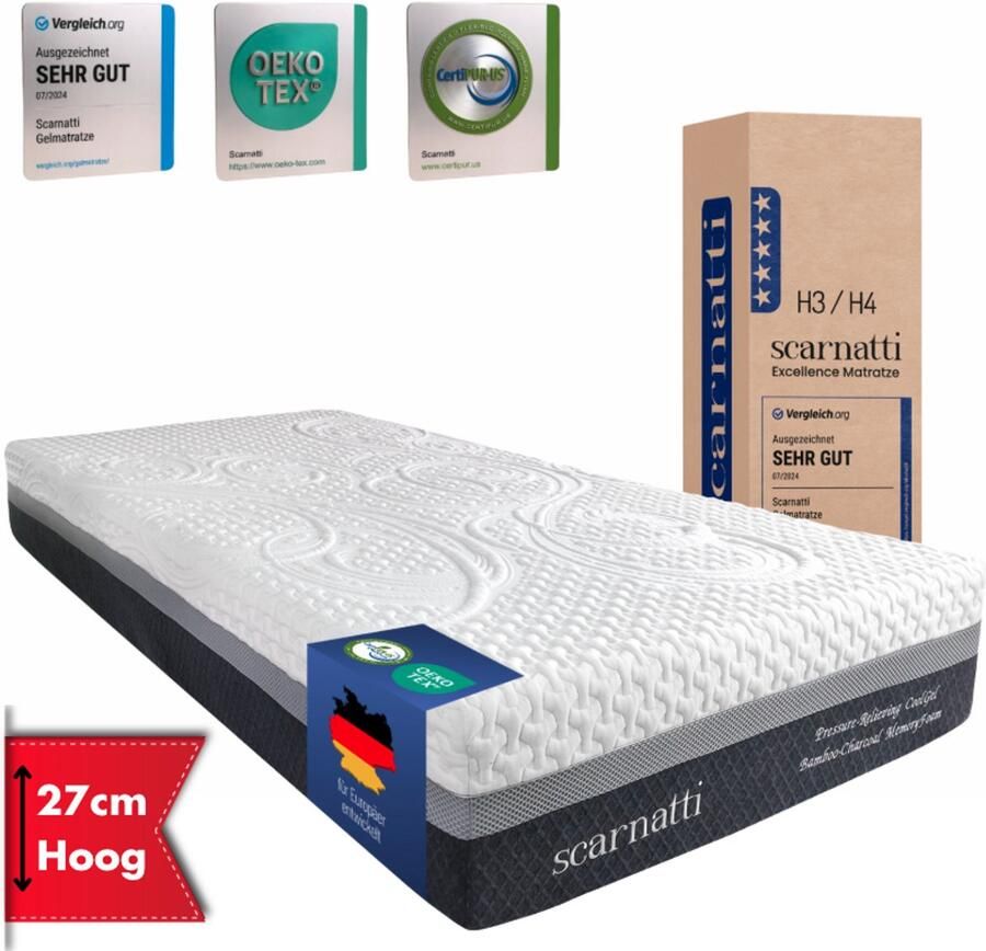 SCARNATTI Matras 90 x 200 cm Extra Comfort 27 cm hoog 2in1 Koudschuim Traagschuim Extra Comfort eenpersoonsmatras Bamboe tijk logeermatrassen Matrassen 90 x 200 cm