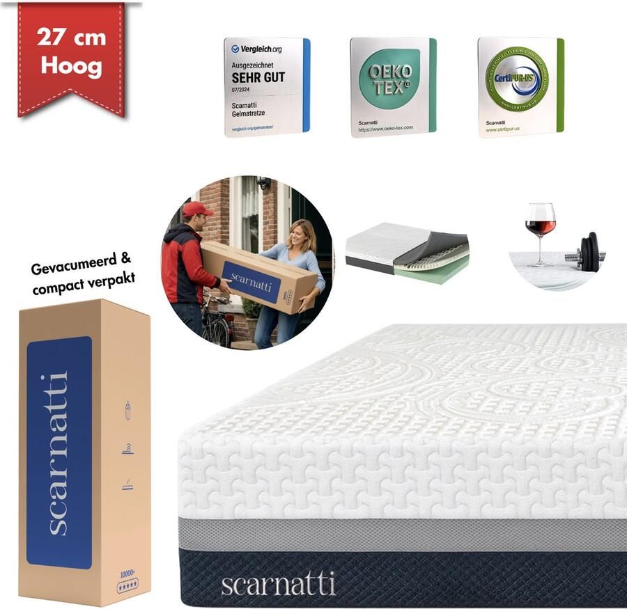 SCARNATTI Cool Gel Memory Foam Matras 27 cm 160 x 200 cm 7-zones visco-elastisch en koudschuimmatras verrijkt met groene thee en bamboe houtskool Zero-Partner-Disturbance - Foto 8