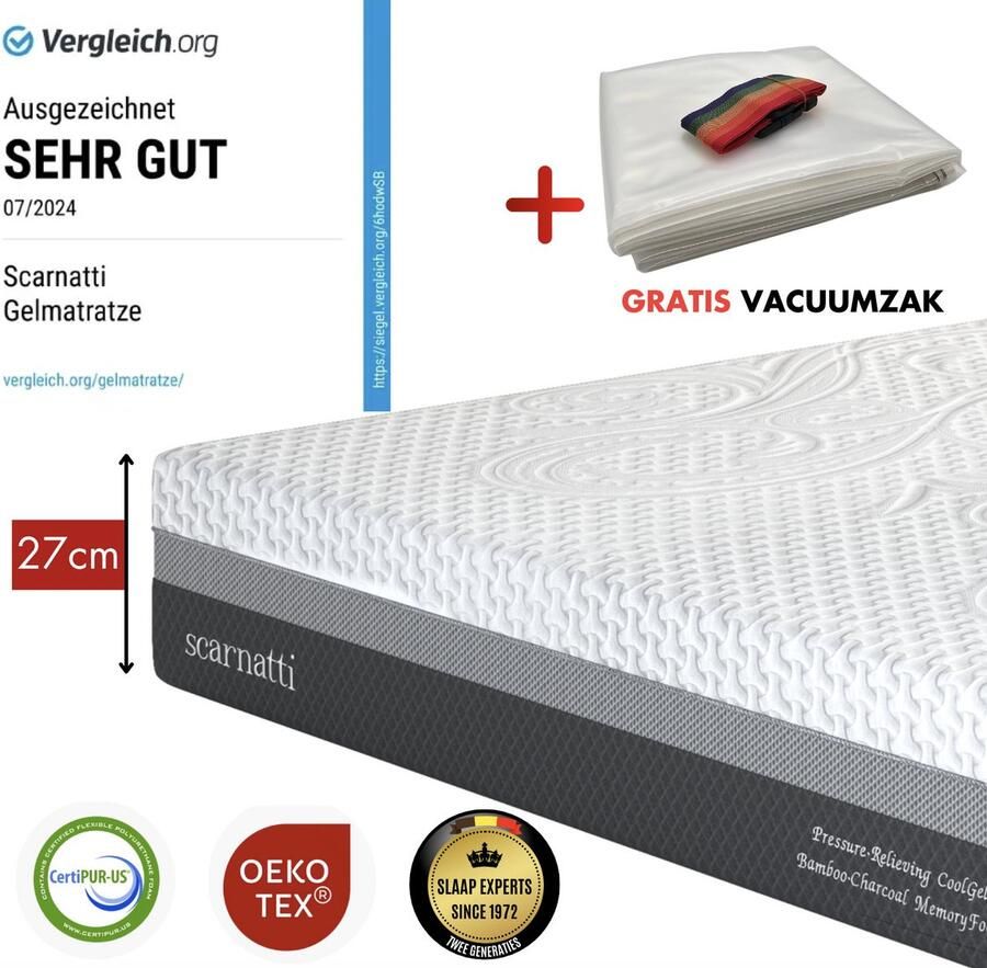 SCARNATTI Ergonomisch Premium Matras 180x200 tweepersoons 27 cm Traagschuim en Koudschuim Logeermatrassen matrassen Bamboe Tijk 180 x 200 cm logeermatras Nasa Extra Comfort